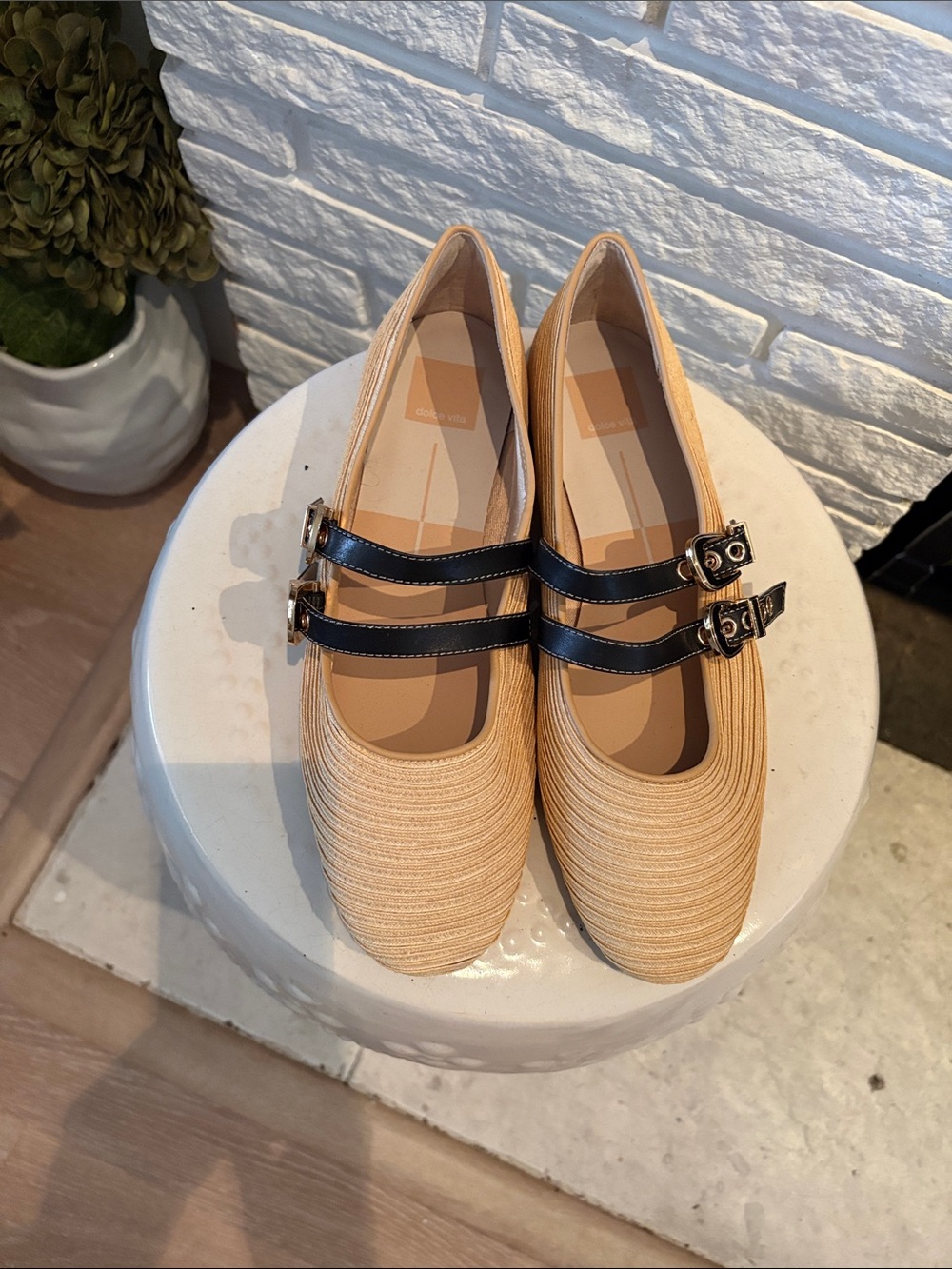 Dolce Vita Beige Mary Jane Flats with Black Double Straps